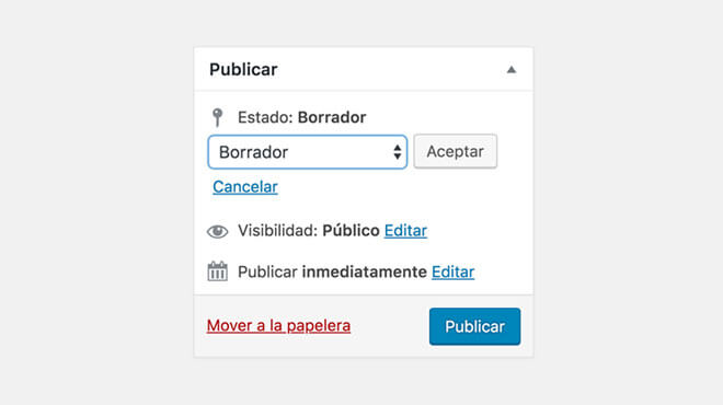 Caja para publicar, editar el estado o la visibilidad de un cupón en WooCommerce