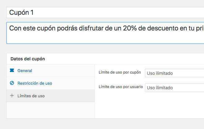 cuadro de dialogo para indicar los límites de uso de un cupón en WooCommerce