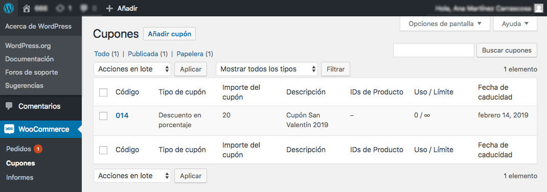 Página Cupones de WooCommerce